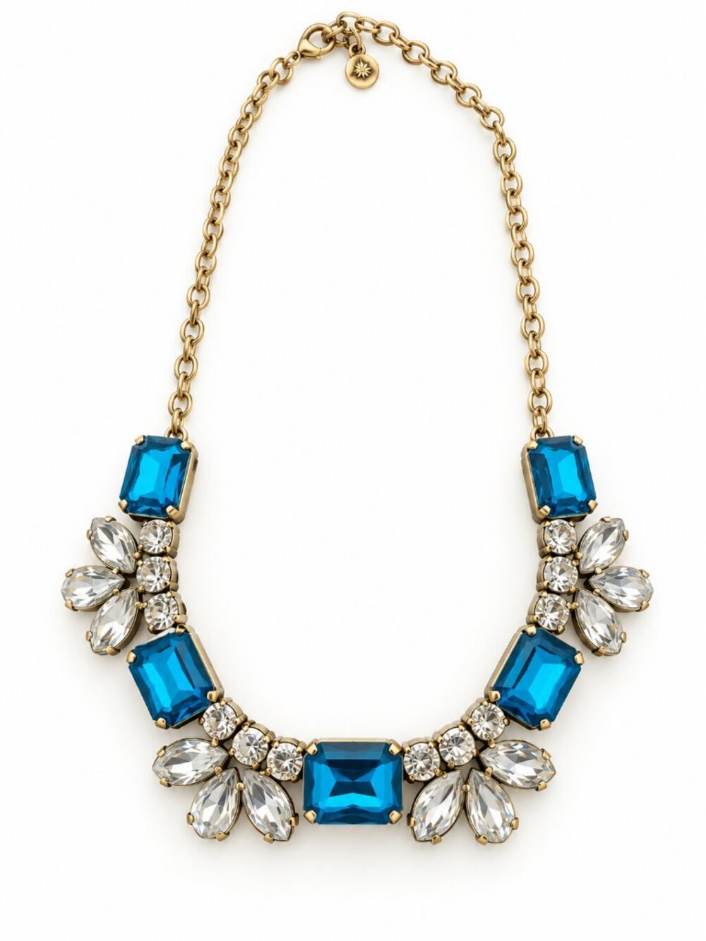 J.Crew Blue Crystal Statement Necklace Gold Tone Rhinestone Bib Jewelry